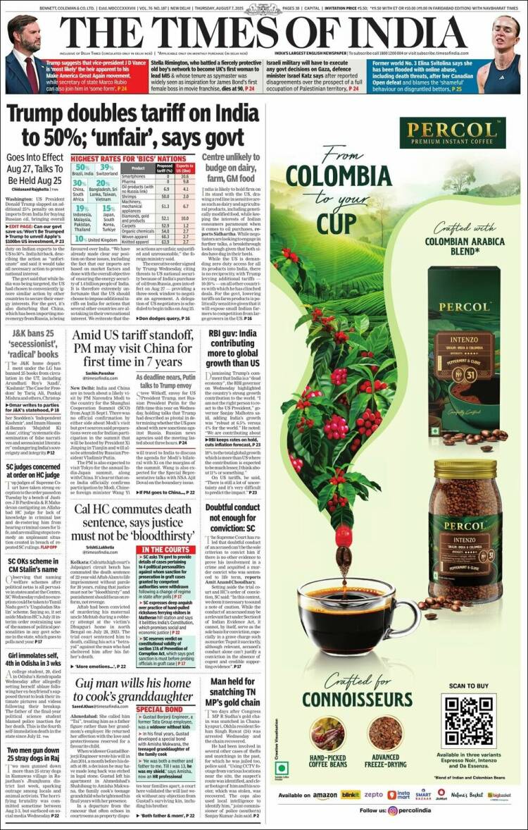 Portada de The Times of India (India)