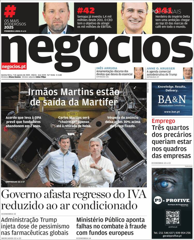 Portada de Jornal de Negócios (Portugal)