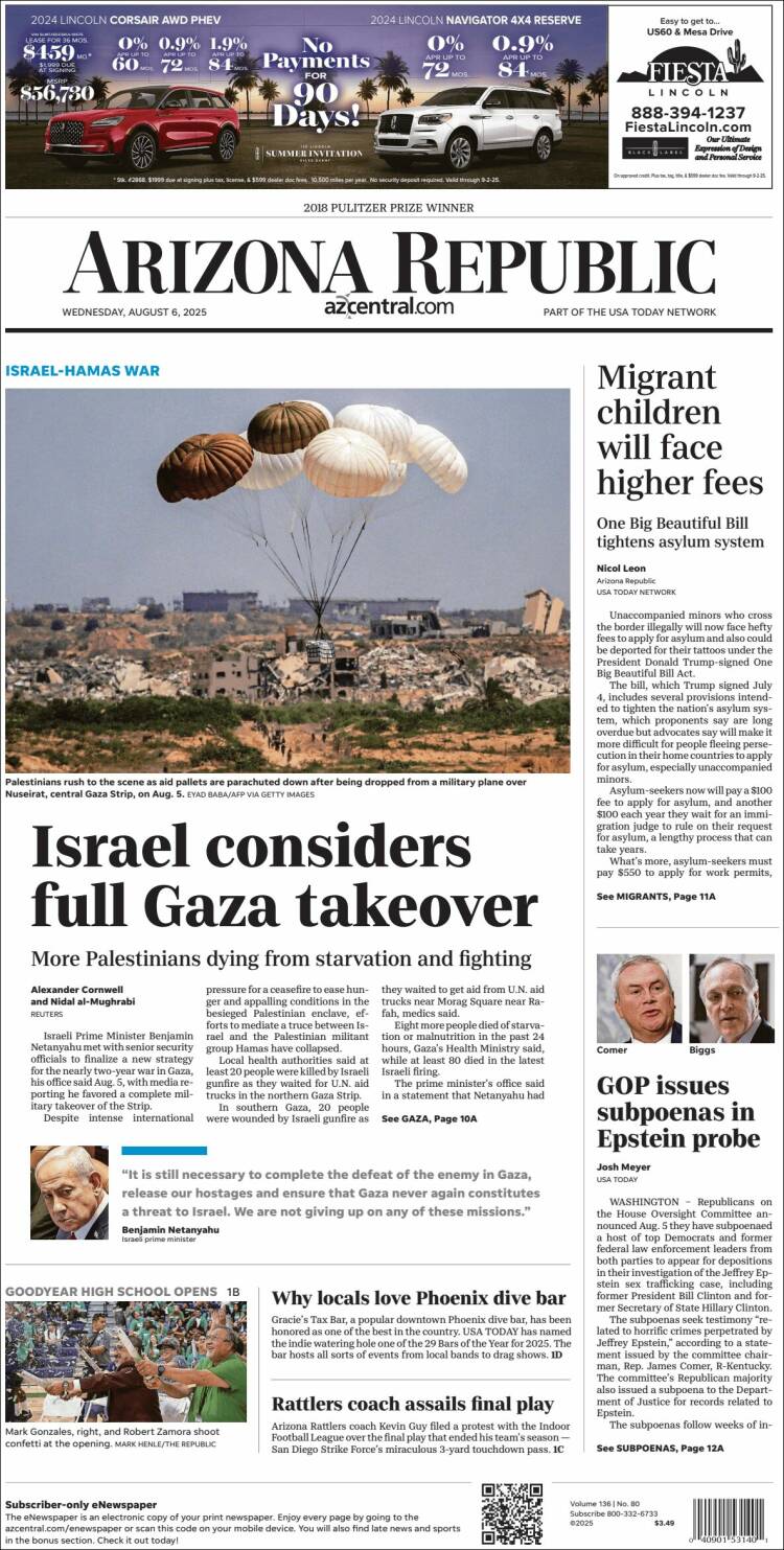 Portada de Arizona Republic News (USA)