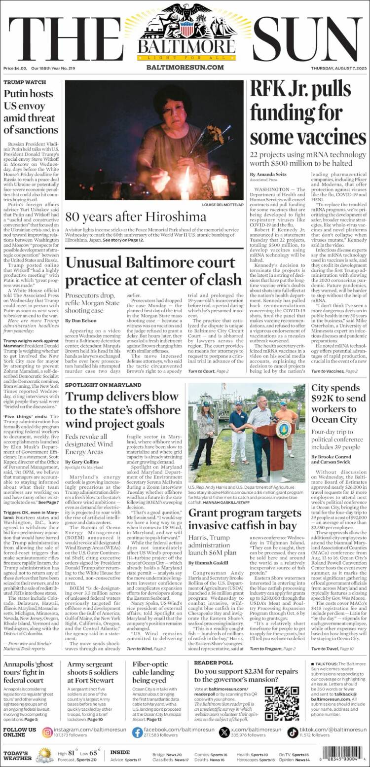 Portada de The Baltimore Sun (États-Unis)