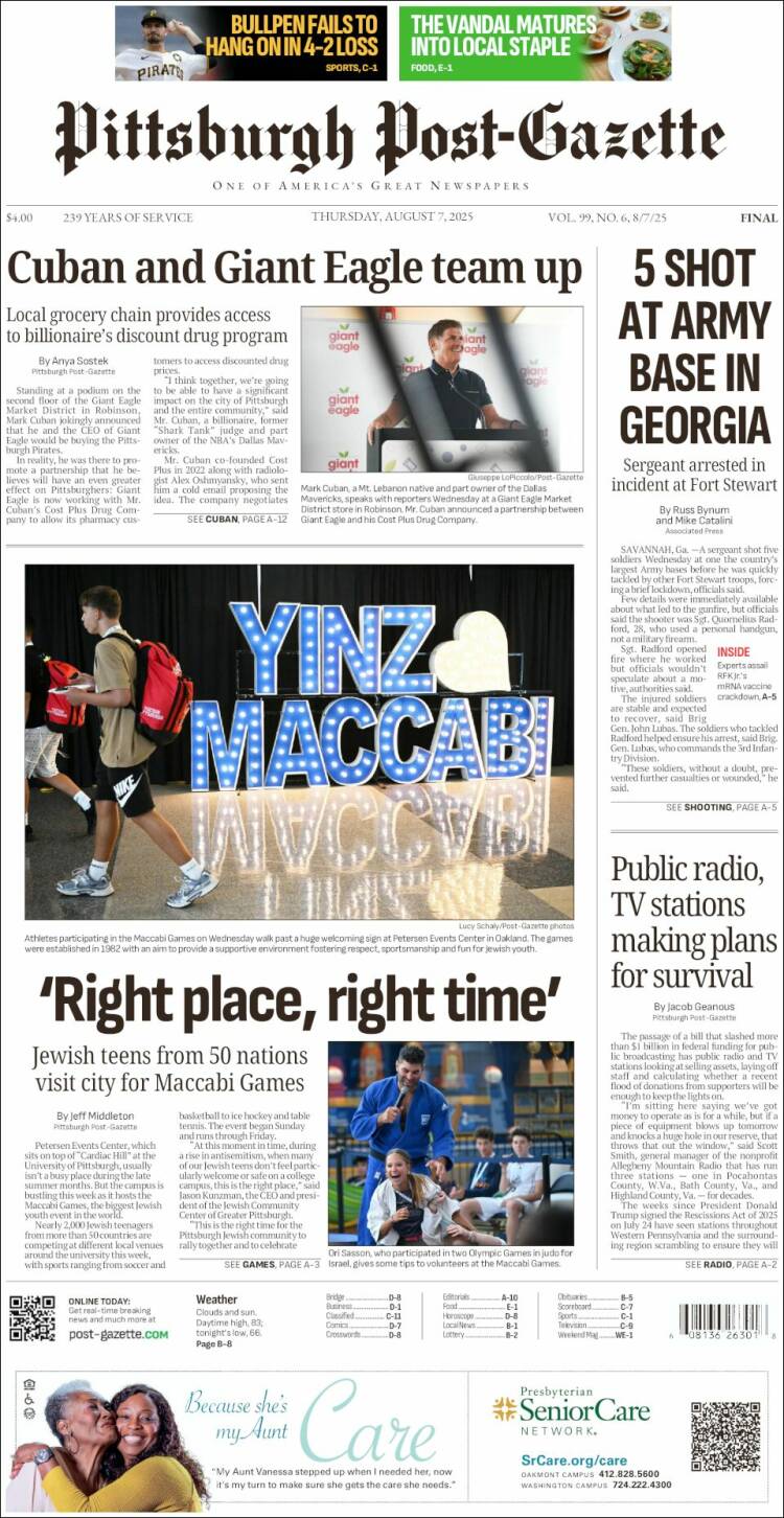 Portada de Pittsburgh Post-Gazette (USA)