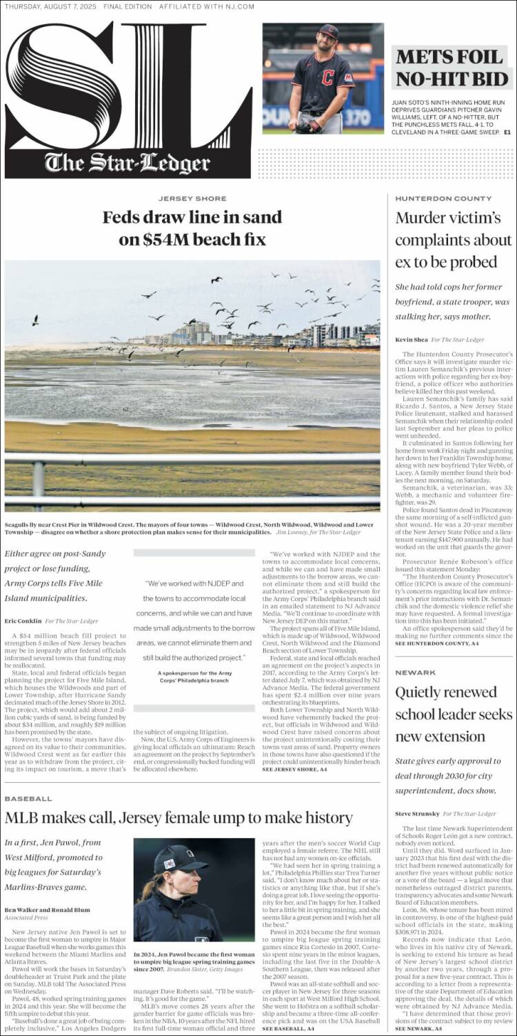 Portada de Star-Ledger (USA)