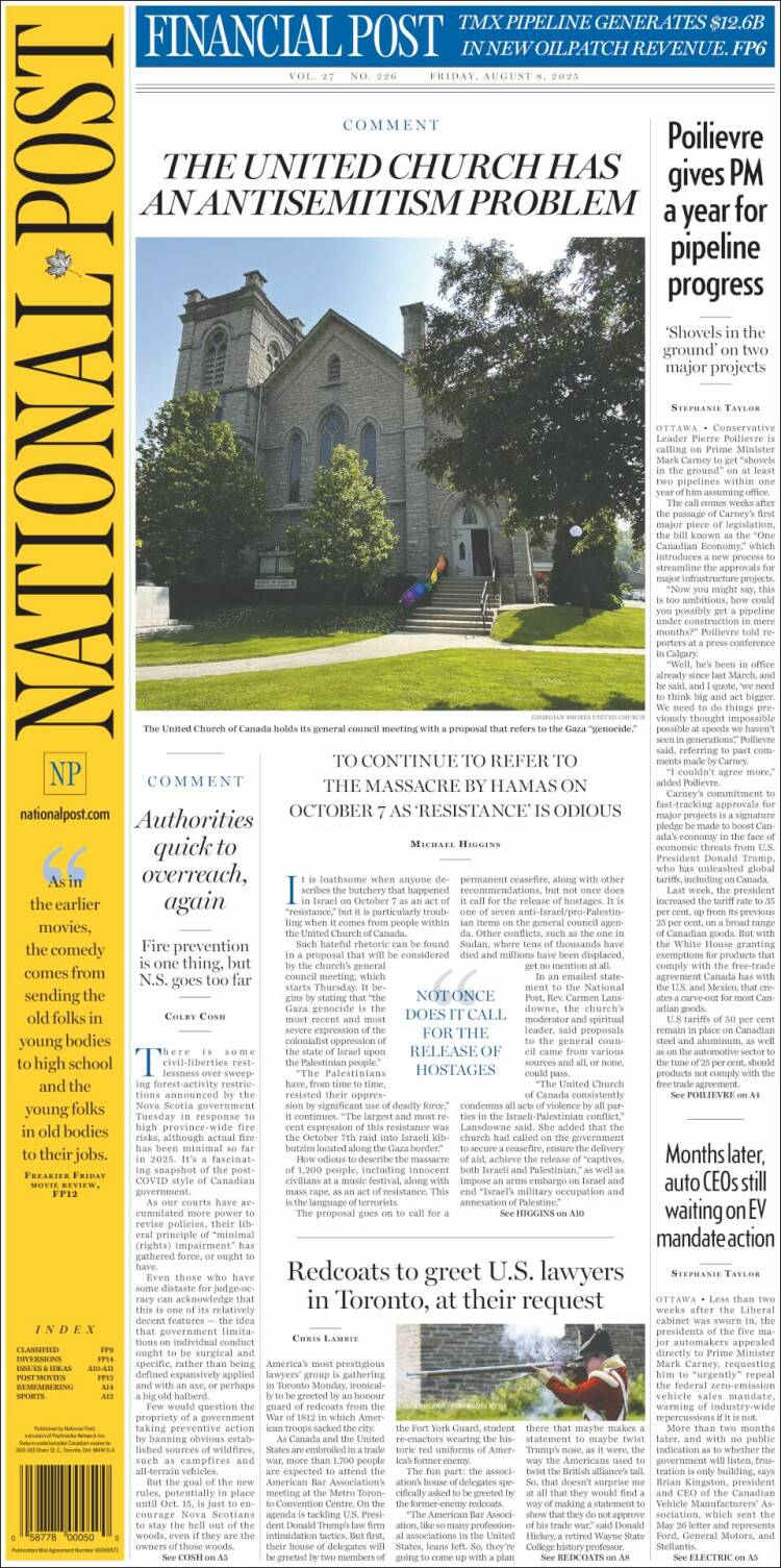 Portada de The National Post (Canada)