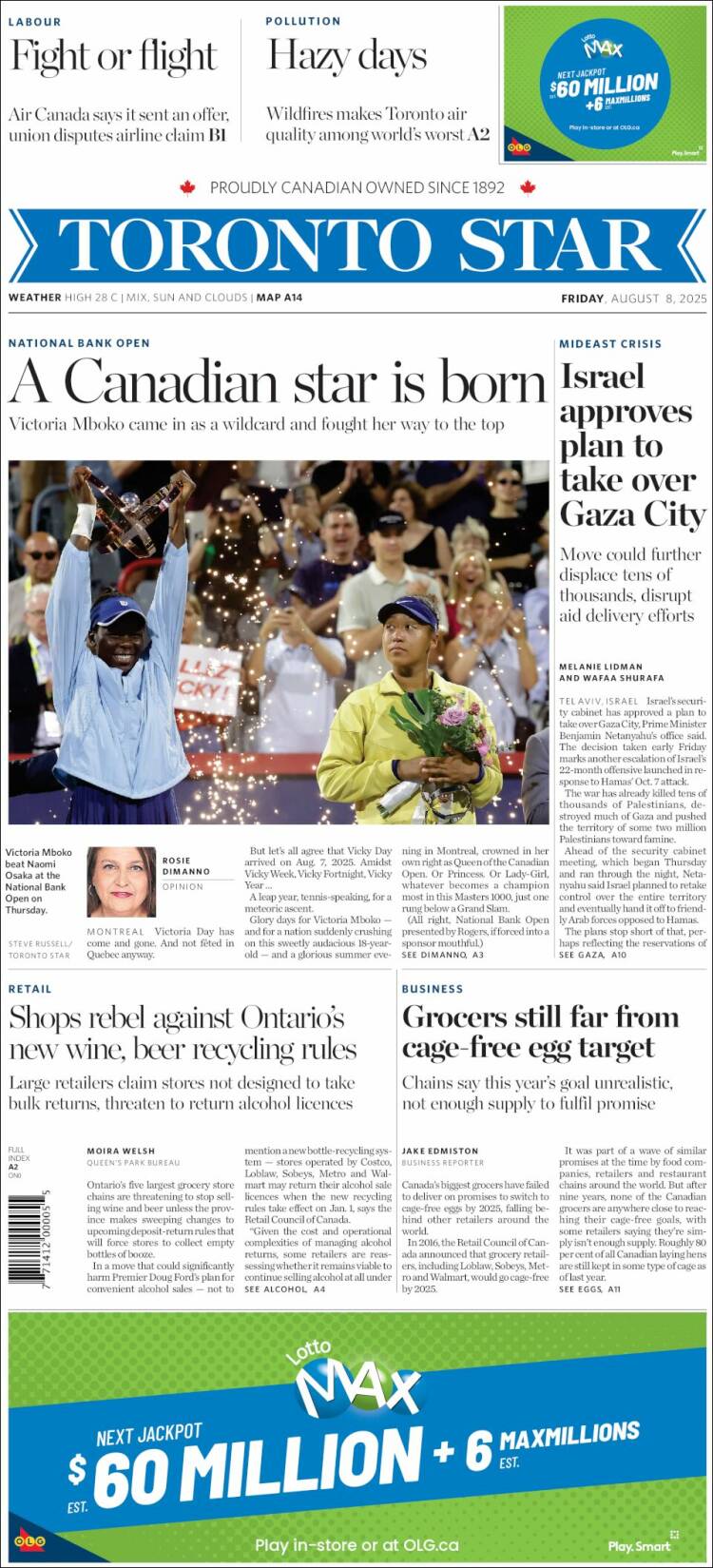 Portada de The Toronto Star (Canada)