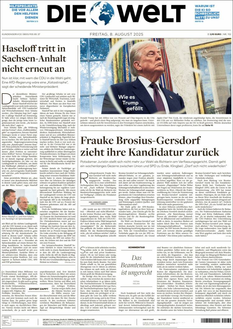 Portada de Die Welt (Germany)
