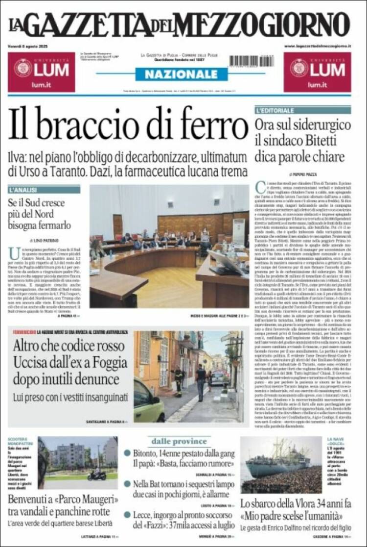 Portada de La Gazzetta del Mezzogiorno (Italia)