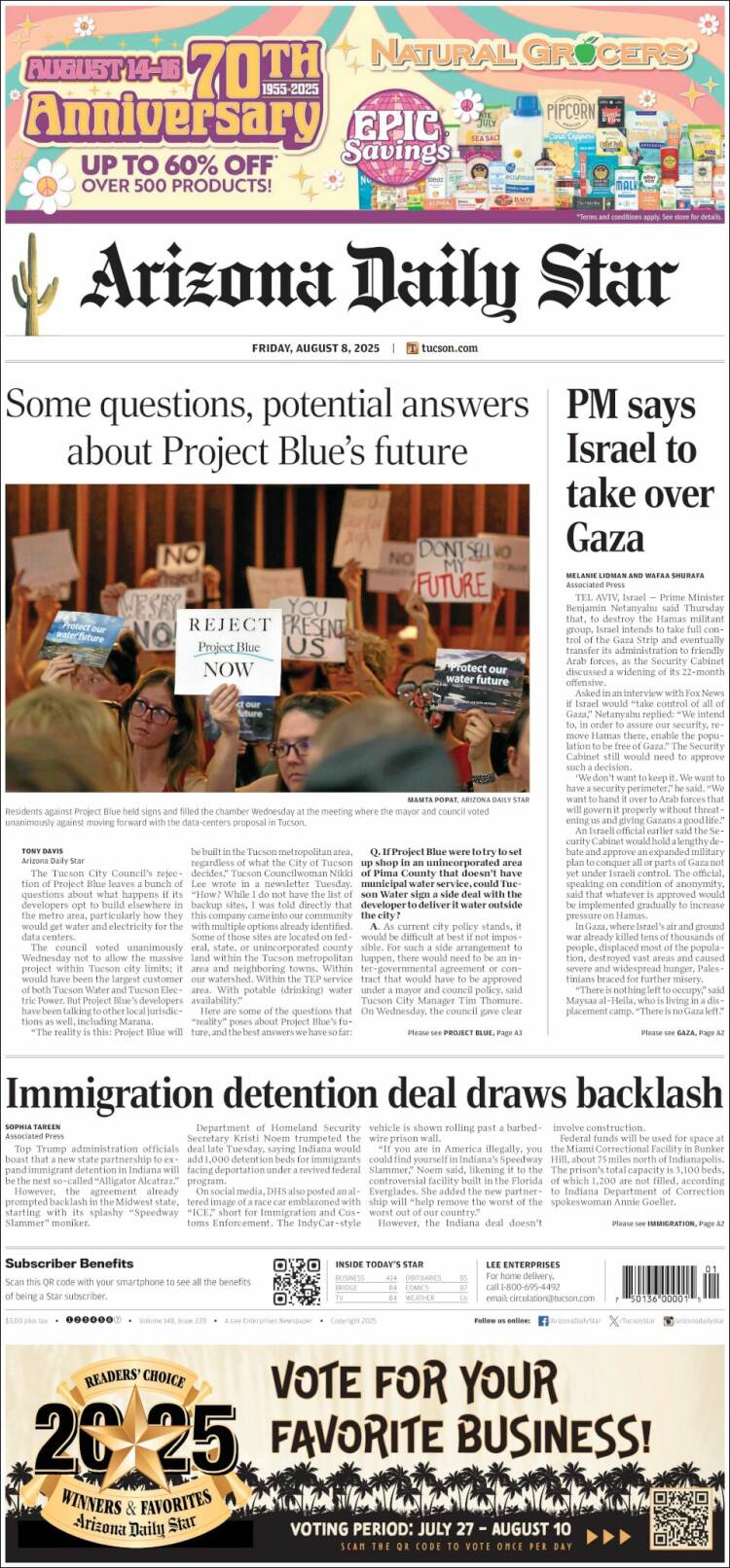 Portada de Arizona Daily Star (USA)