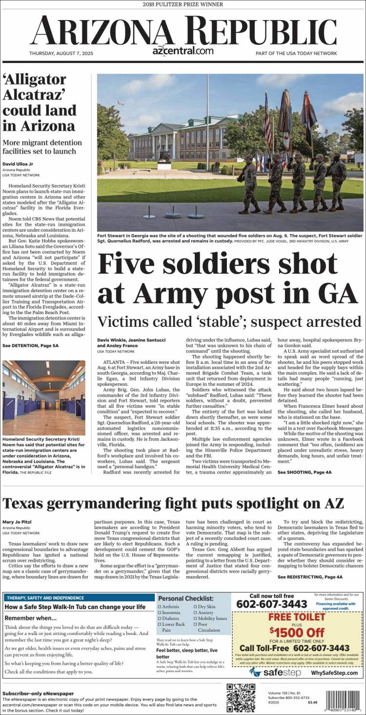 Portada de Arizona Republic News (USA)