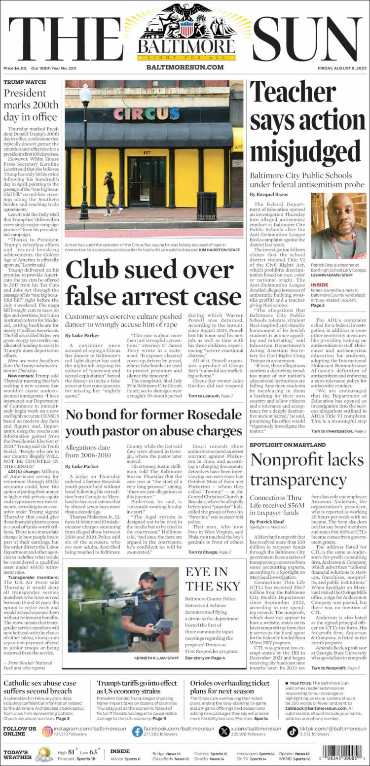 Portada de The Baltimore Sun (USA)