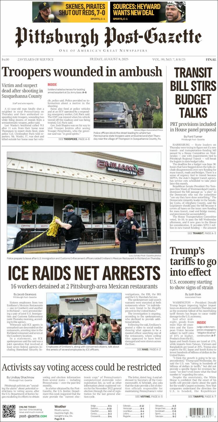 Portada de Pittsburgh Post-Gazette (USA)