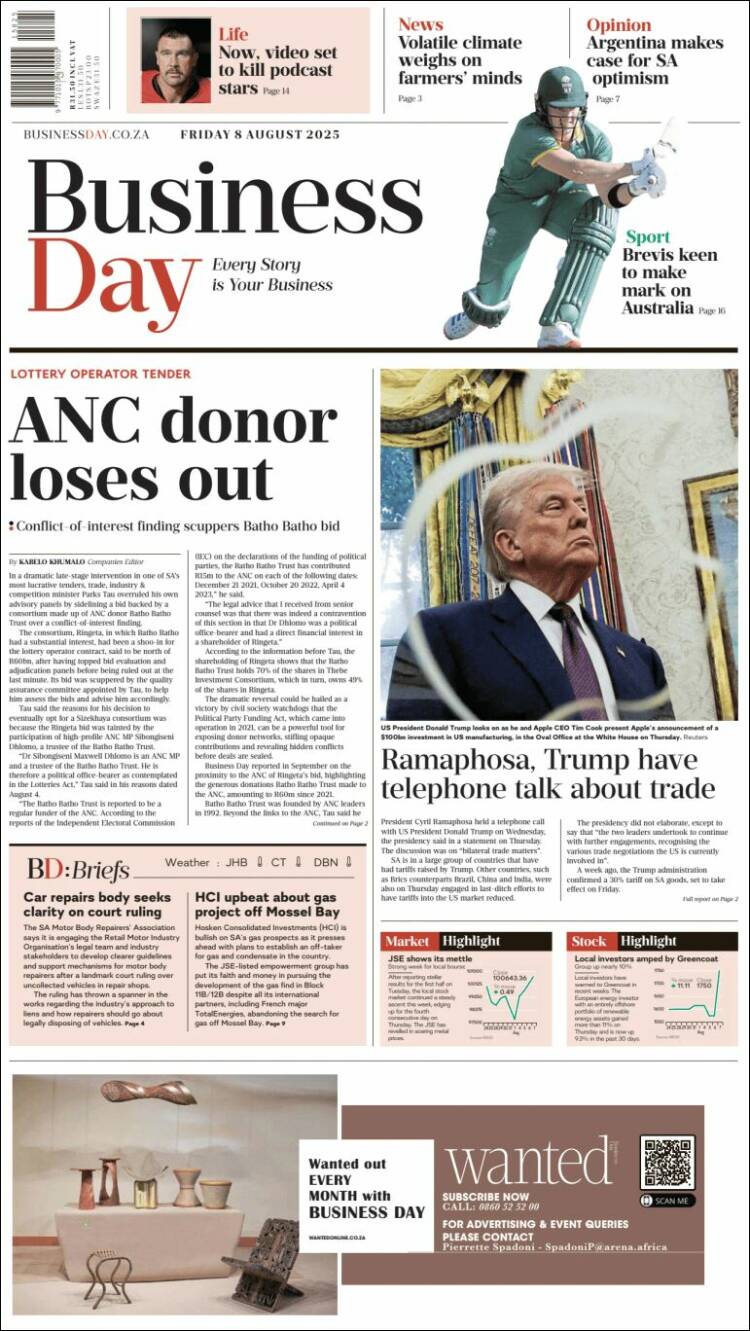 Portada de Business Day (South Africa)