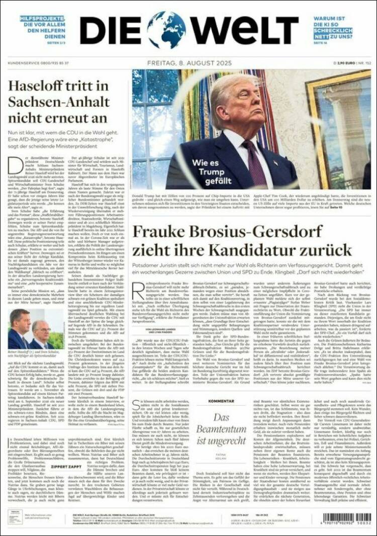 Portada de Die Welt (Alemania)