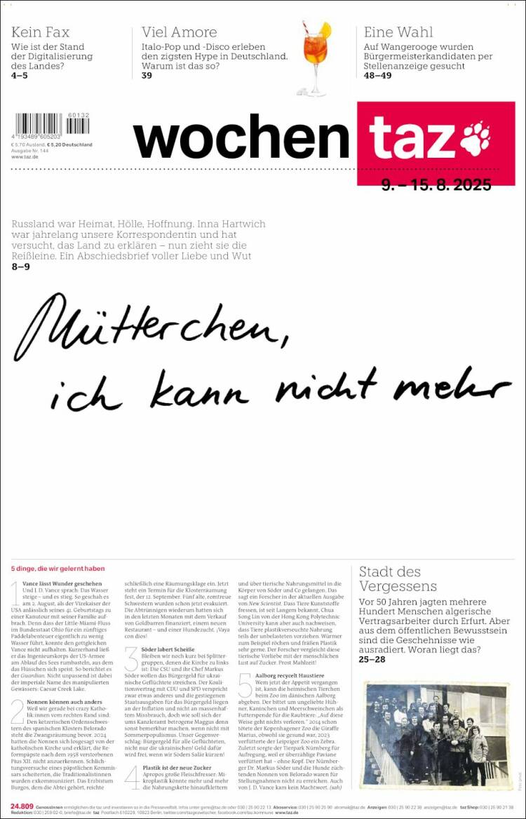 Portada de Die Tageszeitung (Germany)