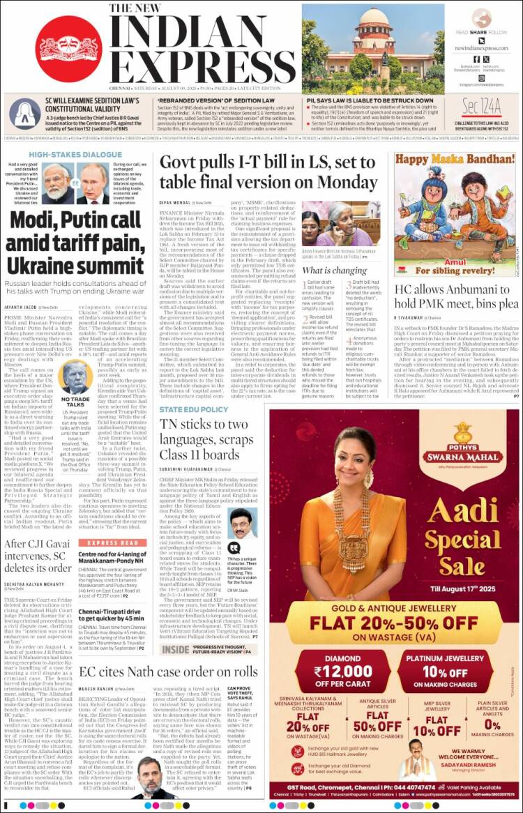 Portada de New Indian Express (India)