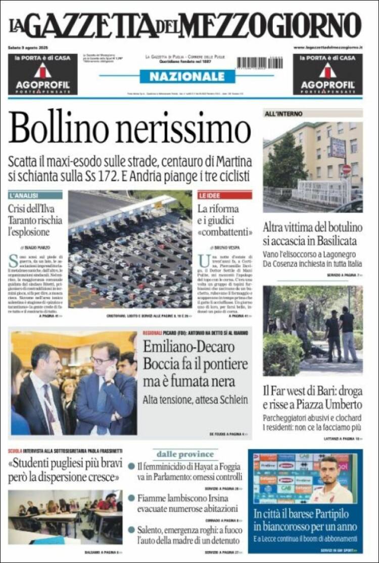 Portada de La Gazzetta del Mezzogiorno (Italia)