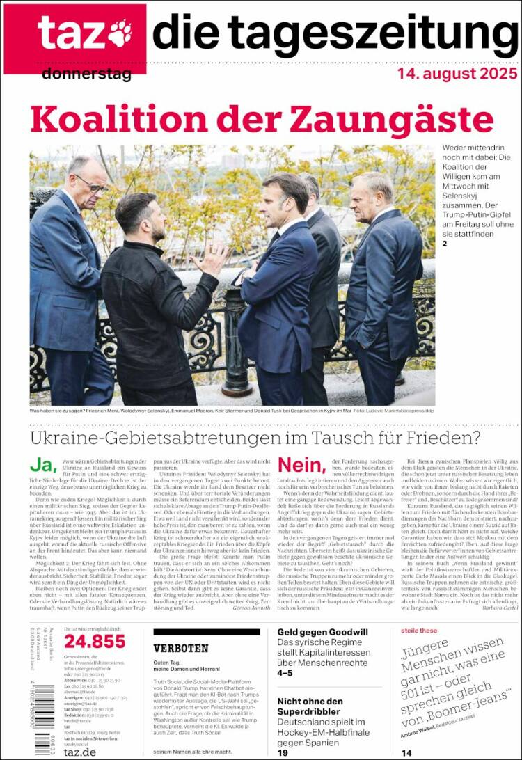Portada de Die Tageszeitung (Alemania)