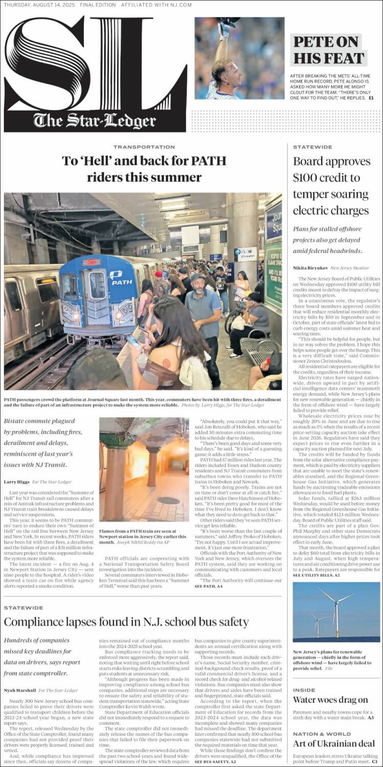 Portada de Star-Ledger (USA)