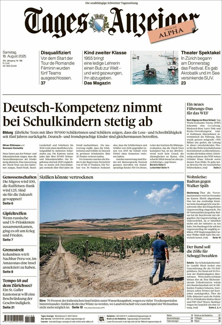 Portada de Tages-Anzeiger (Suiza)