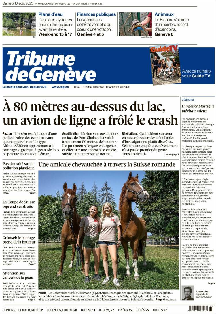 Portada de La Tribune de Genève (Suiza)