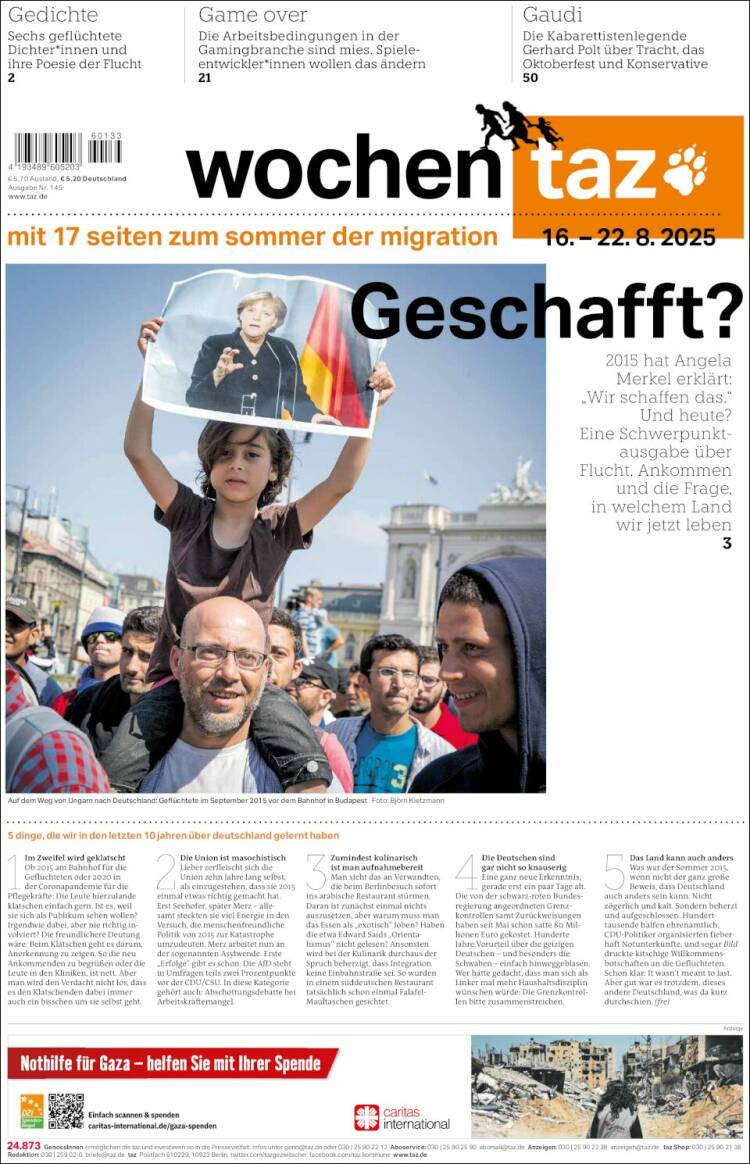 Portada de Die Tageszeitung (Alemania)