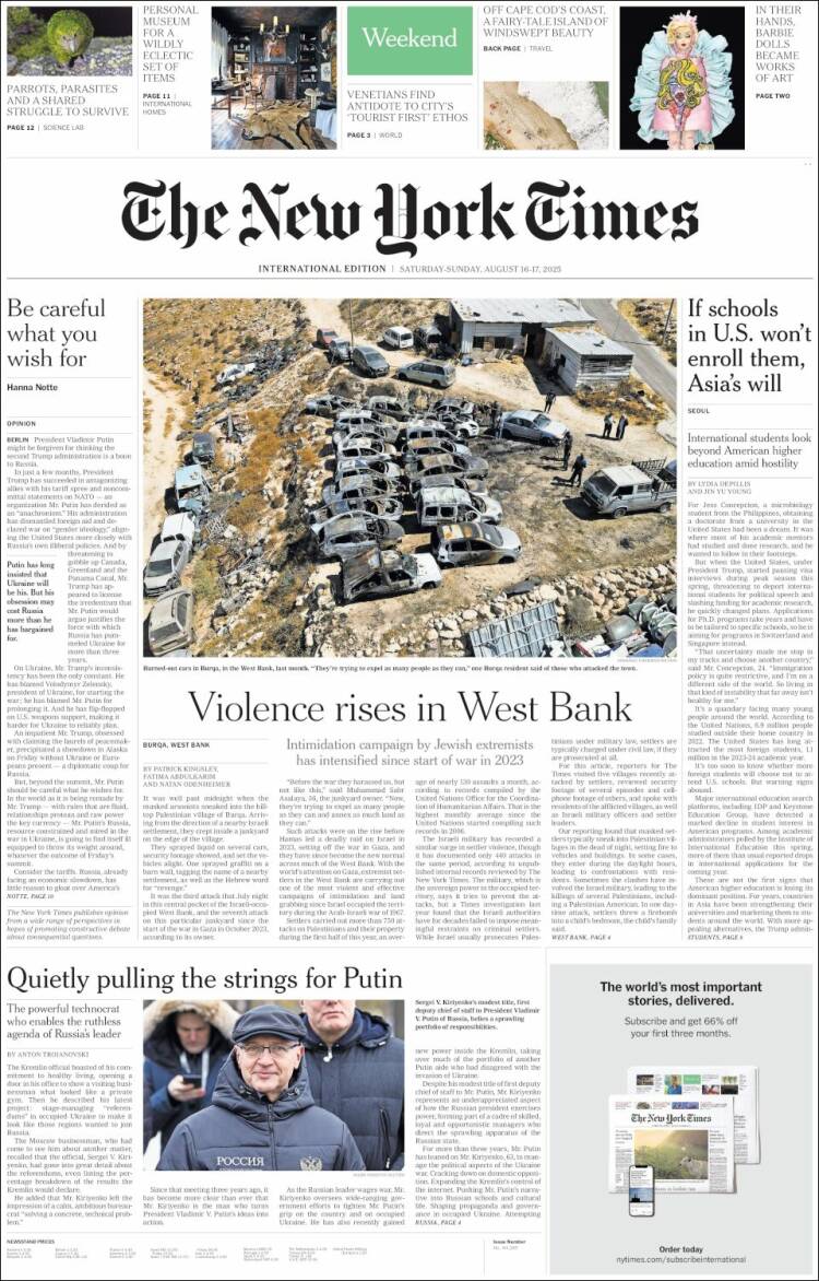 Portada de International New York Times (Europa)