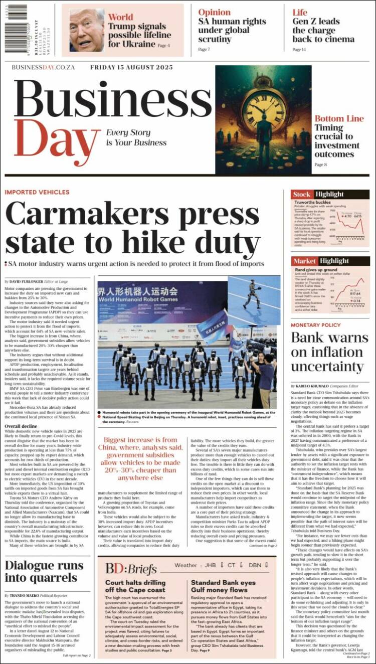 Portada de Business Day (Sud&aacute;frica)