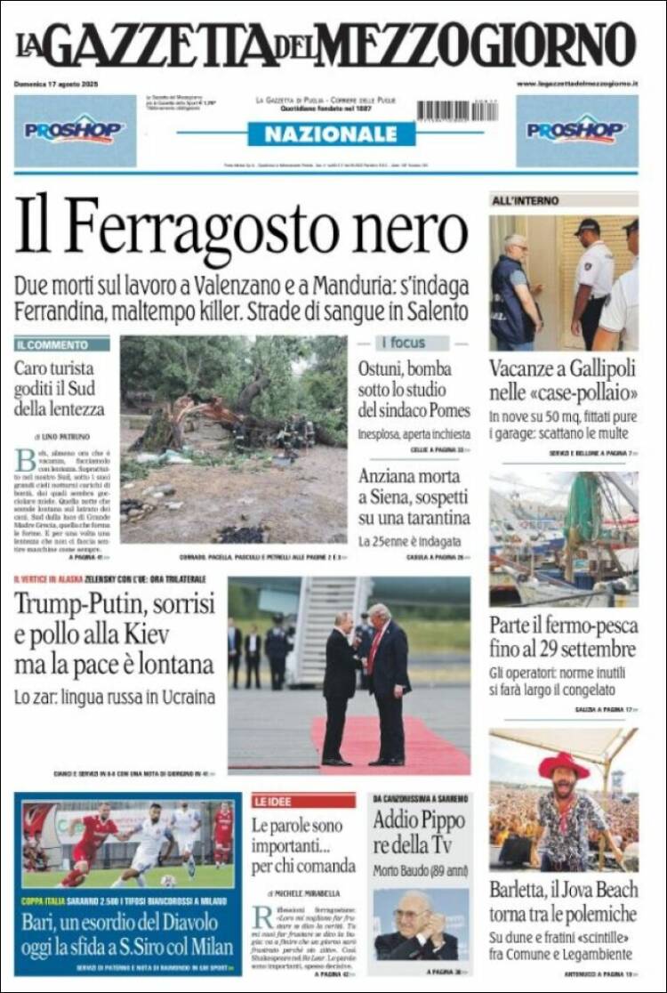 Portada de La Gazzetta del Mezzogiorno (Italie)