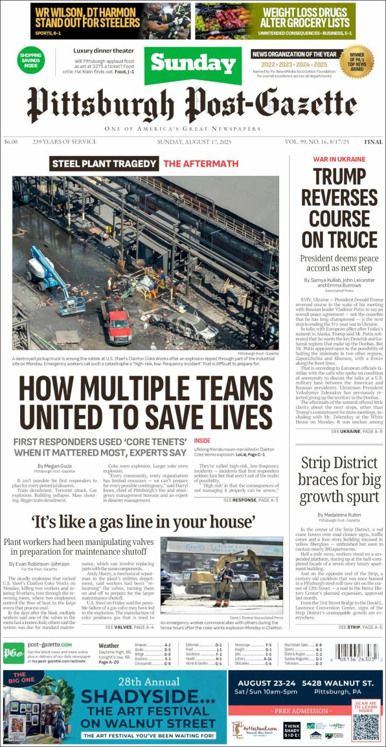 Portada de Pittsburgh Post-Gazette (USA)