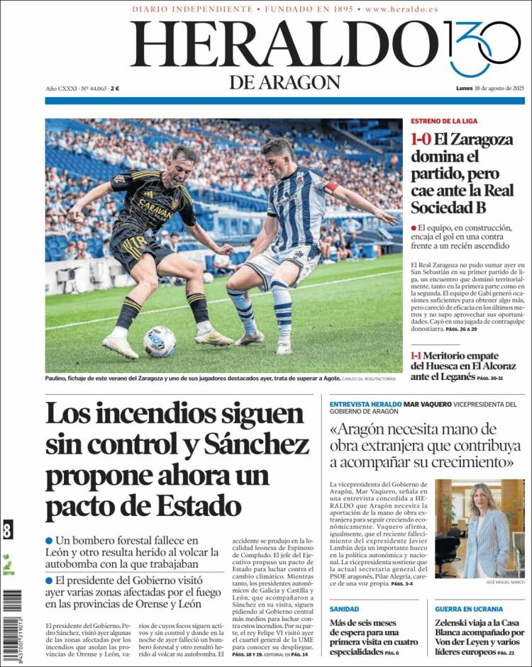 Portada de Heraldo de Aragón (España)