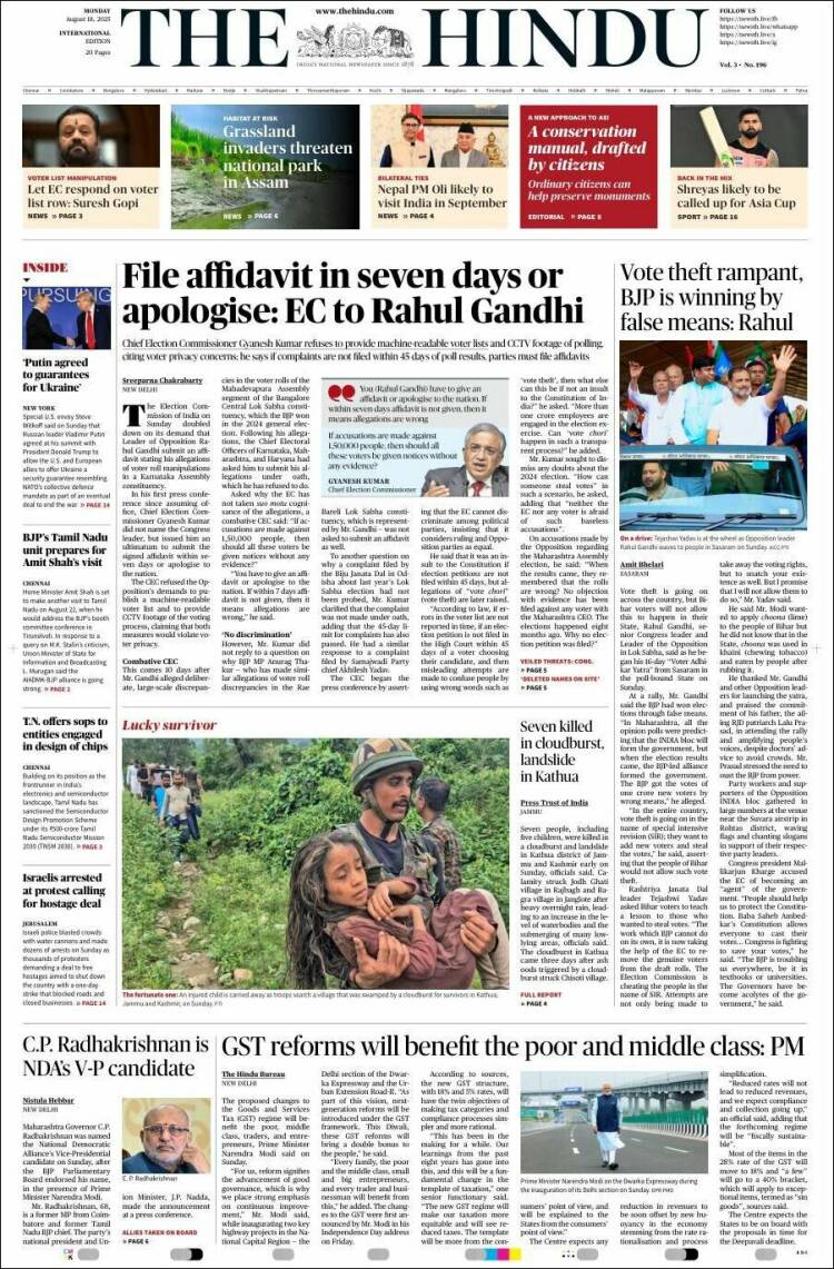 Portada de The Hindu (Inde)