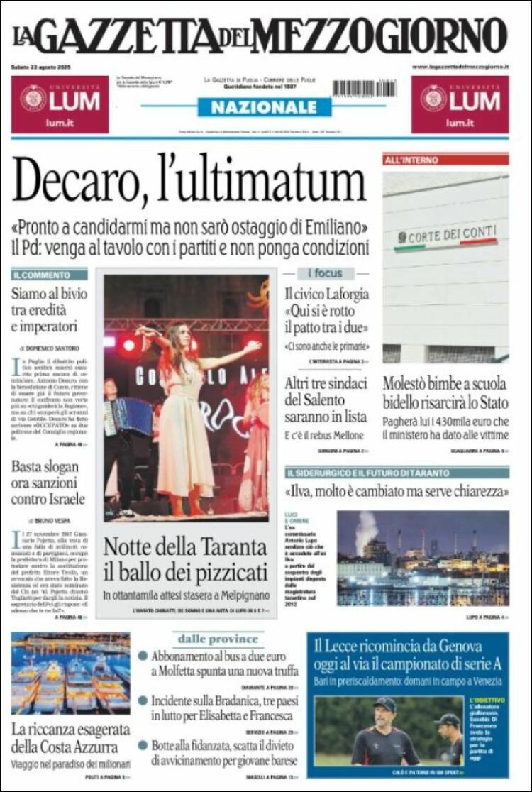 Portada de La Gazzetta del Mezzogiorno (Italia)