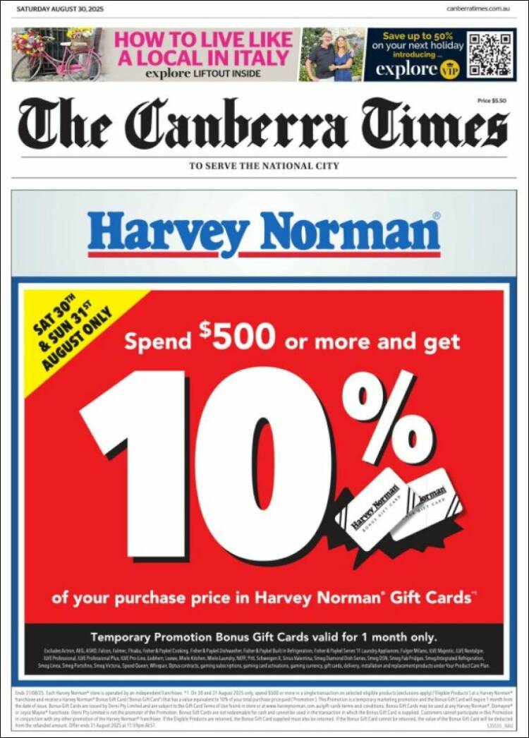 Portada de The Canberra Times (Australia)