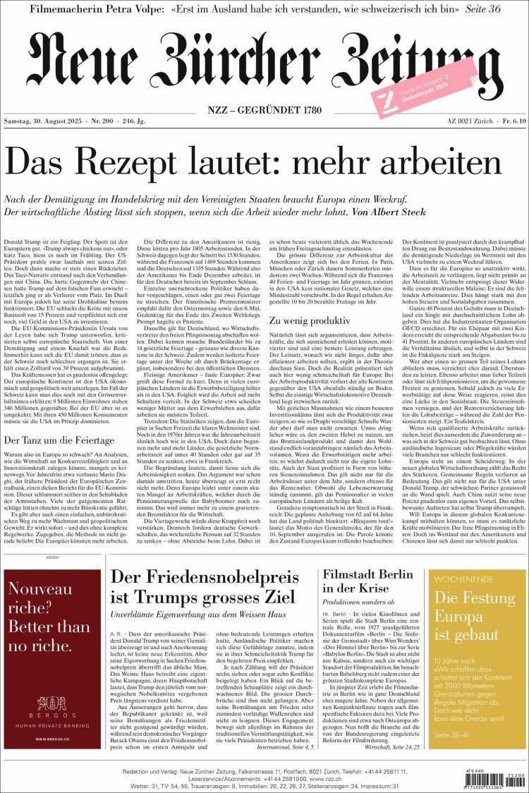 Portada de Neue Zürcher Zeitung (Suiza)