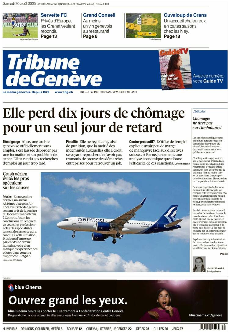 Portada de La Tribune de Genève (Suiza)