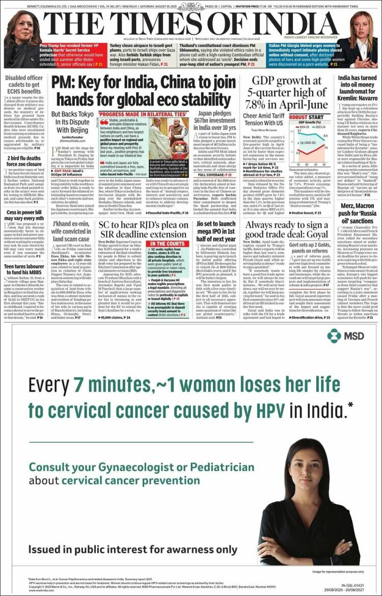 Portada de The Times of India (India)