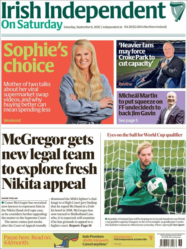 Portada de Irish Independent (Irlanda)