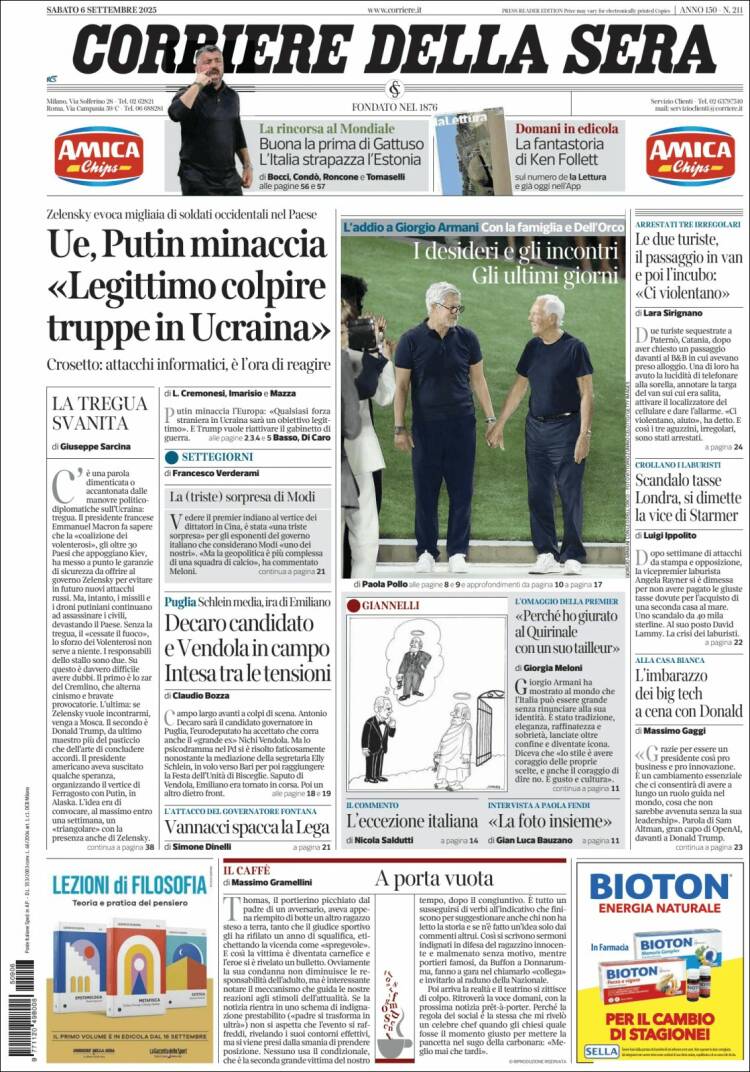 Portada de Corriere della Sera (Italia)