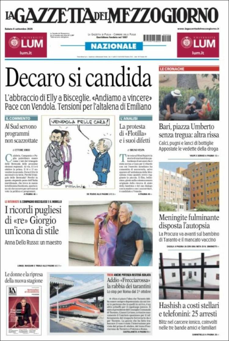 Portada de La Gazzetta del Mezzogiorno (Italia)