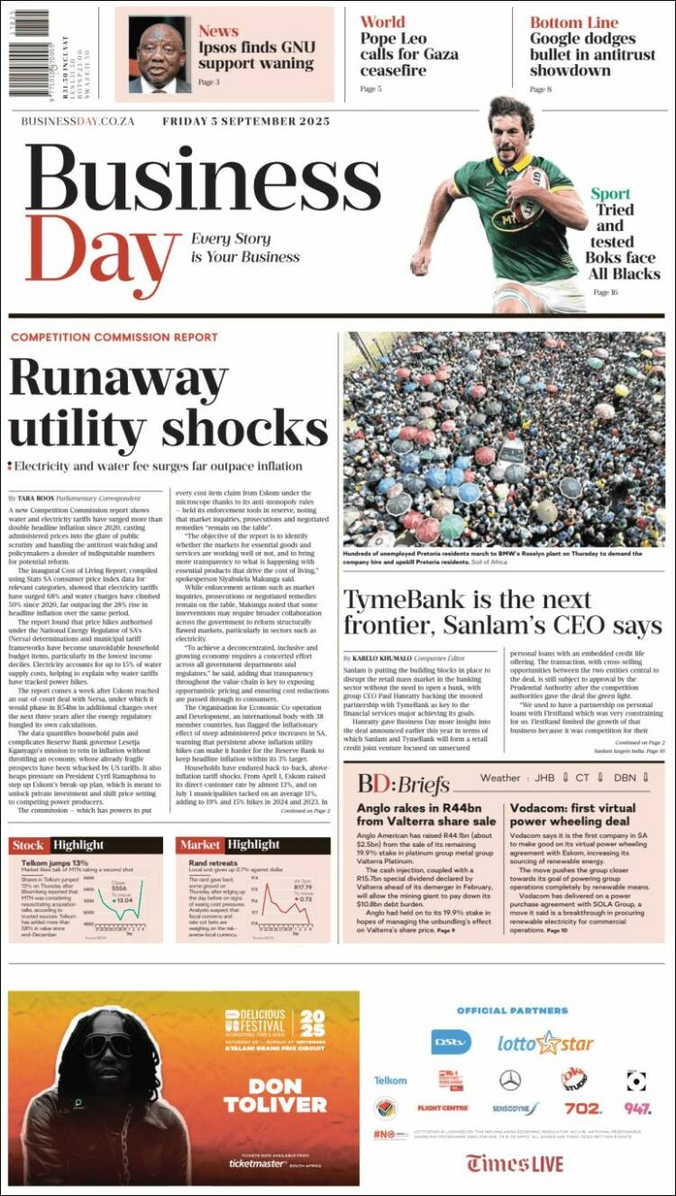 Portada de Business Day (Sud&aacute;frica)