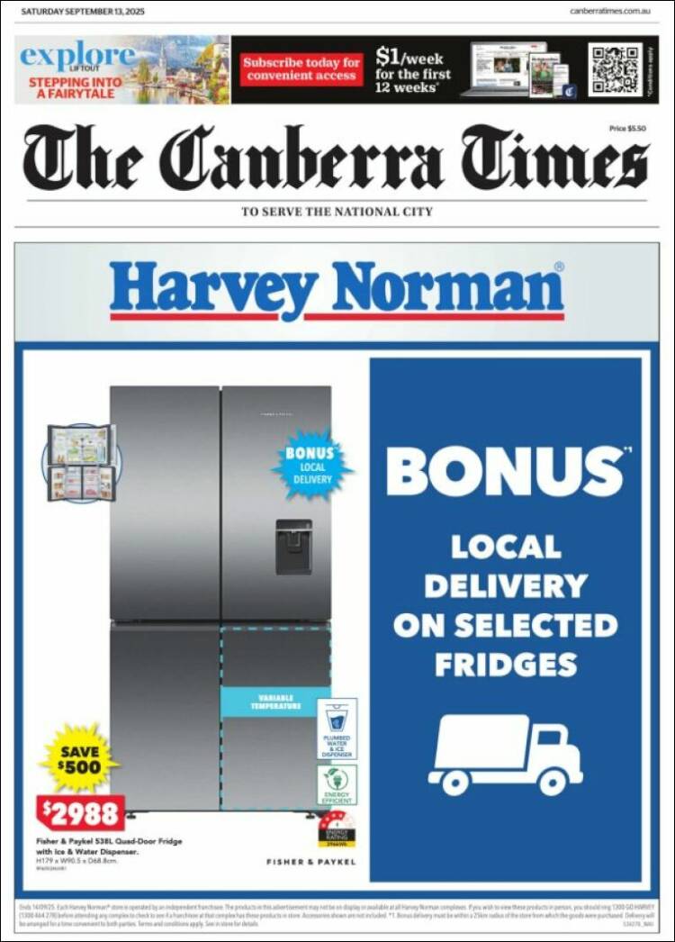 Portada de The Canberra Times (Australia)