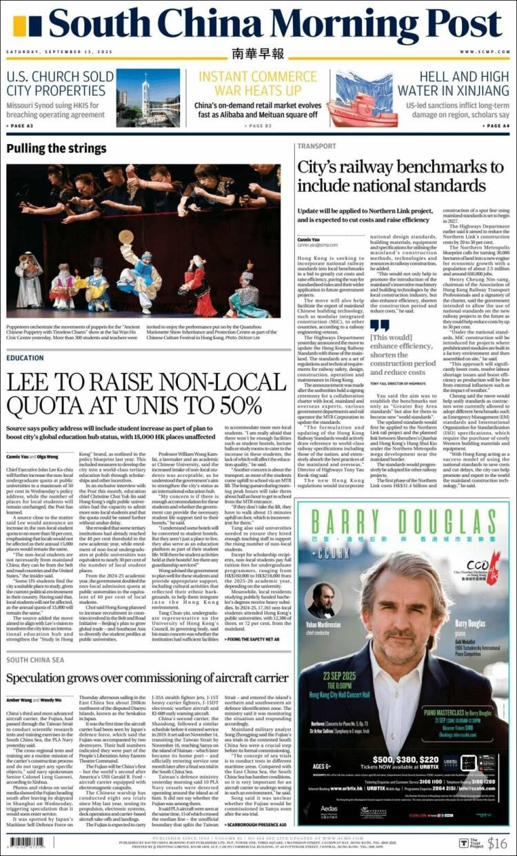 Portada de South China Morning Post (China)