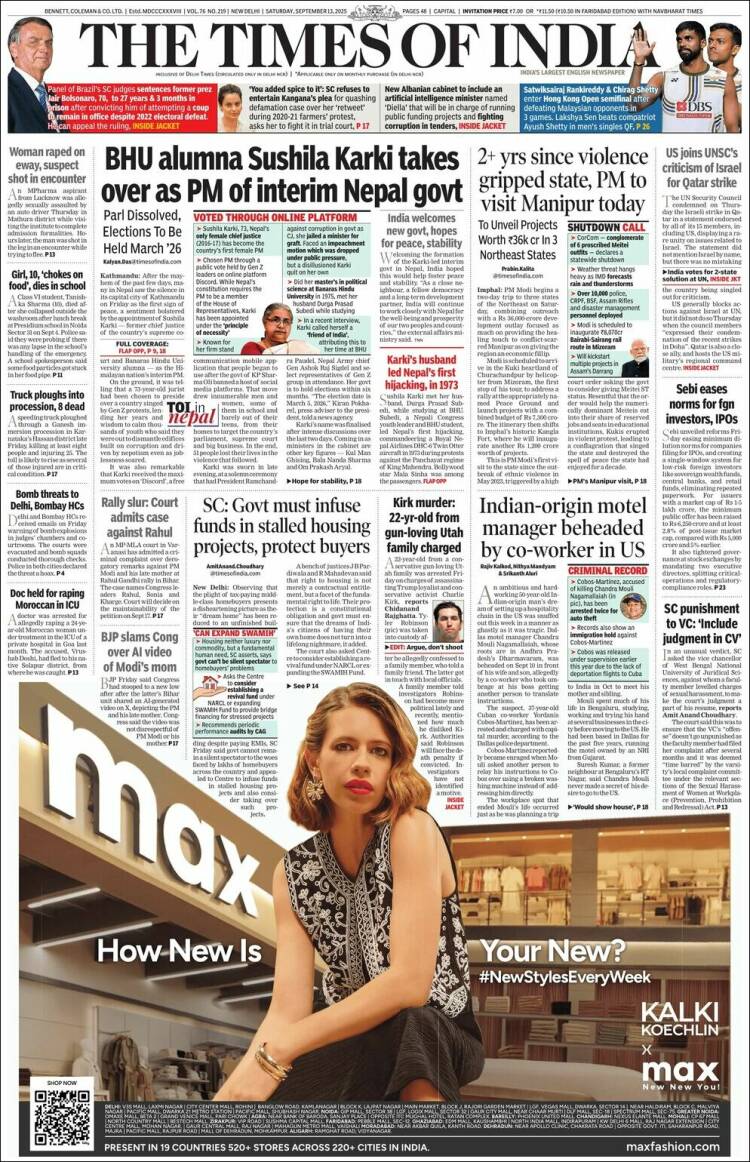 Portada de The Times of India (India)