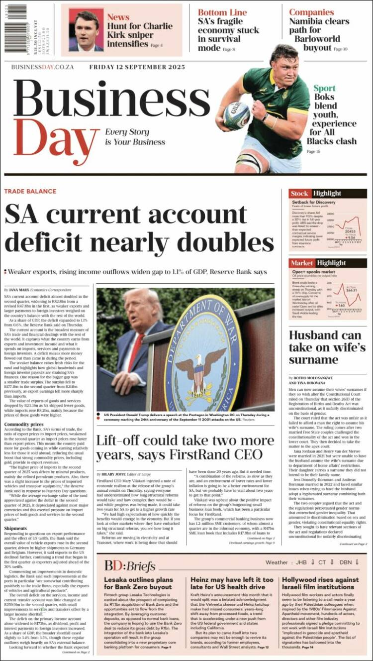 Portada de Business Day (Sud&aacute;frica)