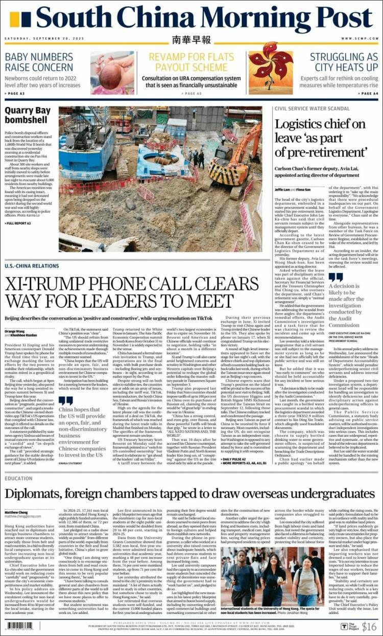 Portada de South China Morning Post (China)