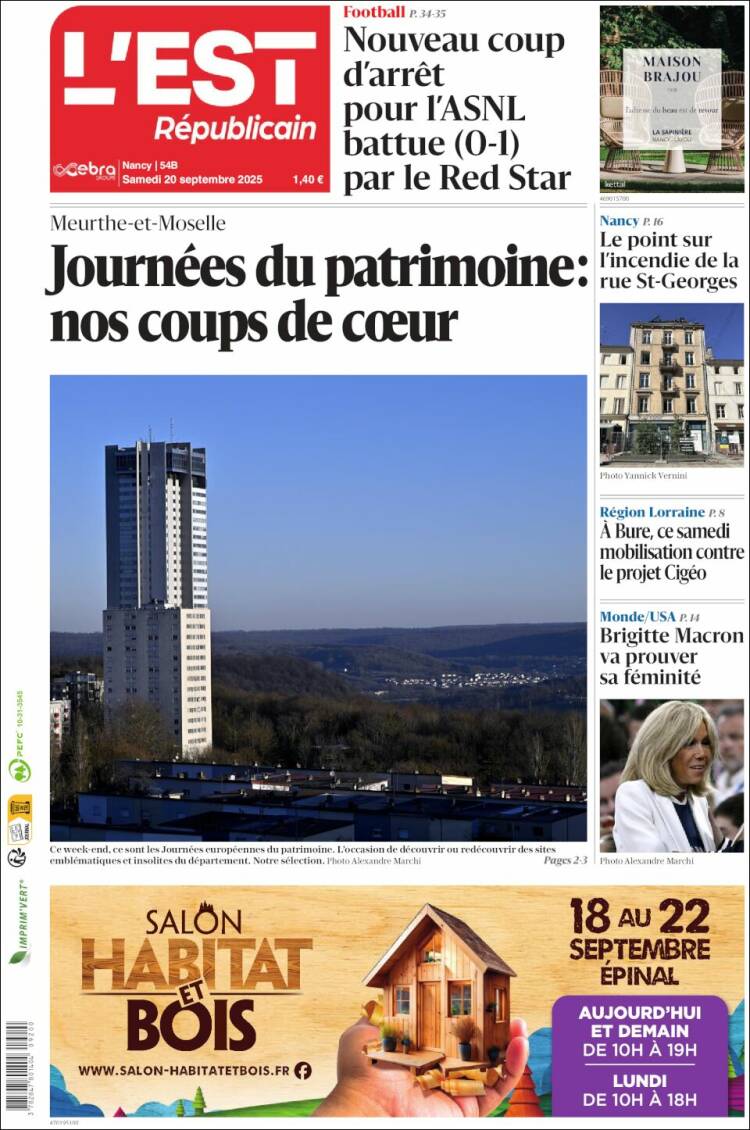 Portada de L'Est Republicain (Francia)