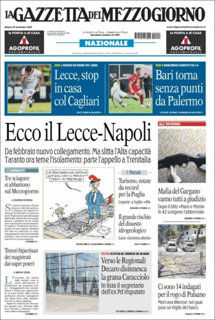 Portada de La Gazzetta del Mezzogiorno (Italia)