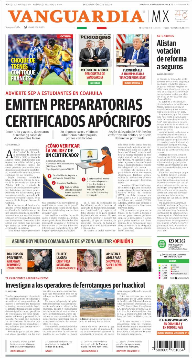 Portada de Vanguardia (M&eacute;xico)