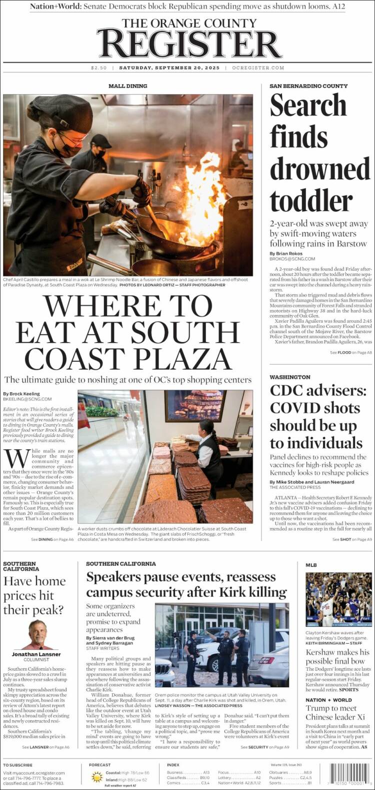 Portada de The Orange County Register (USA)