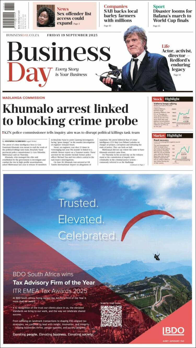 Portada de Business Day (Sud&aacute;frica)