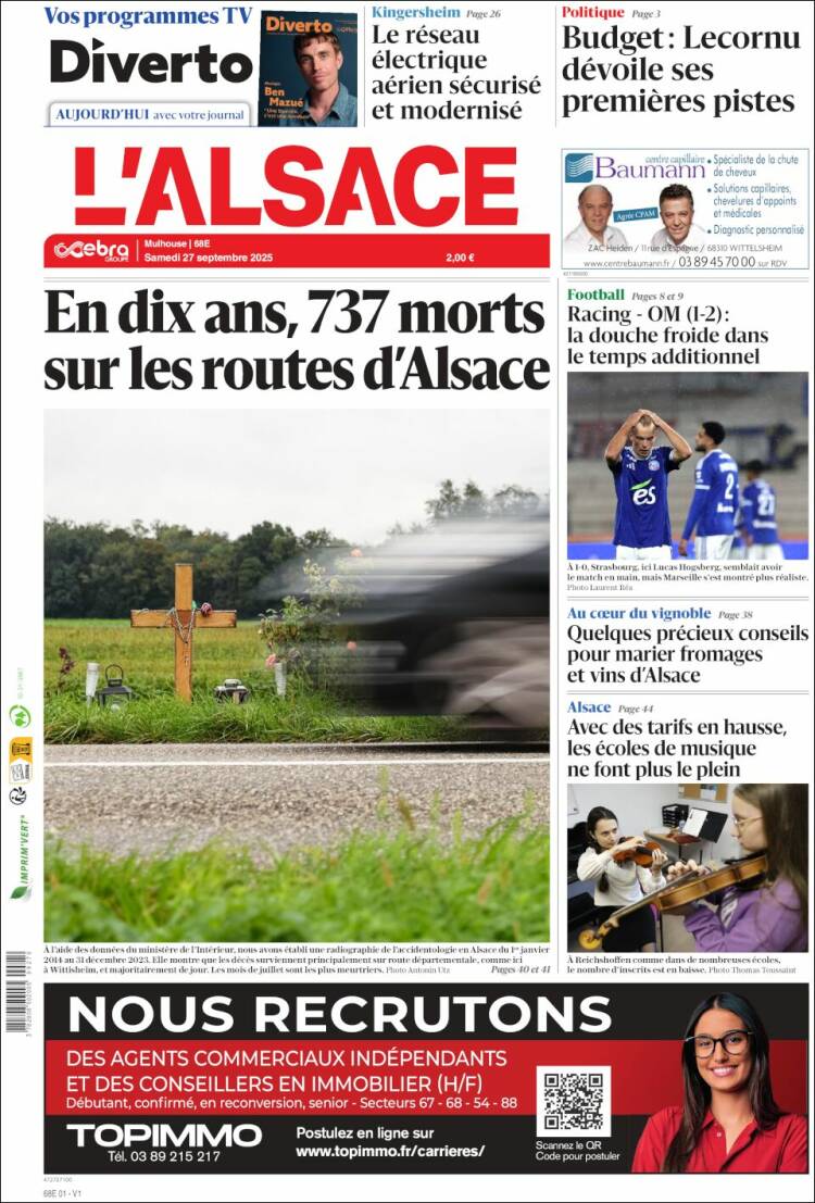 Portada de Journal L'Alsace (Francia)